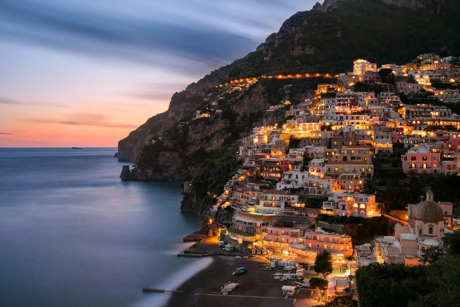 Positano at sunset on the Amalfi Coast in August